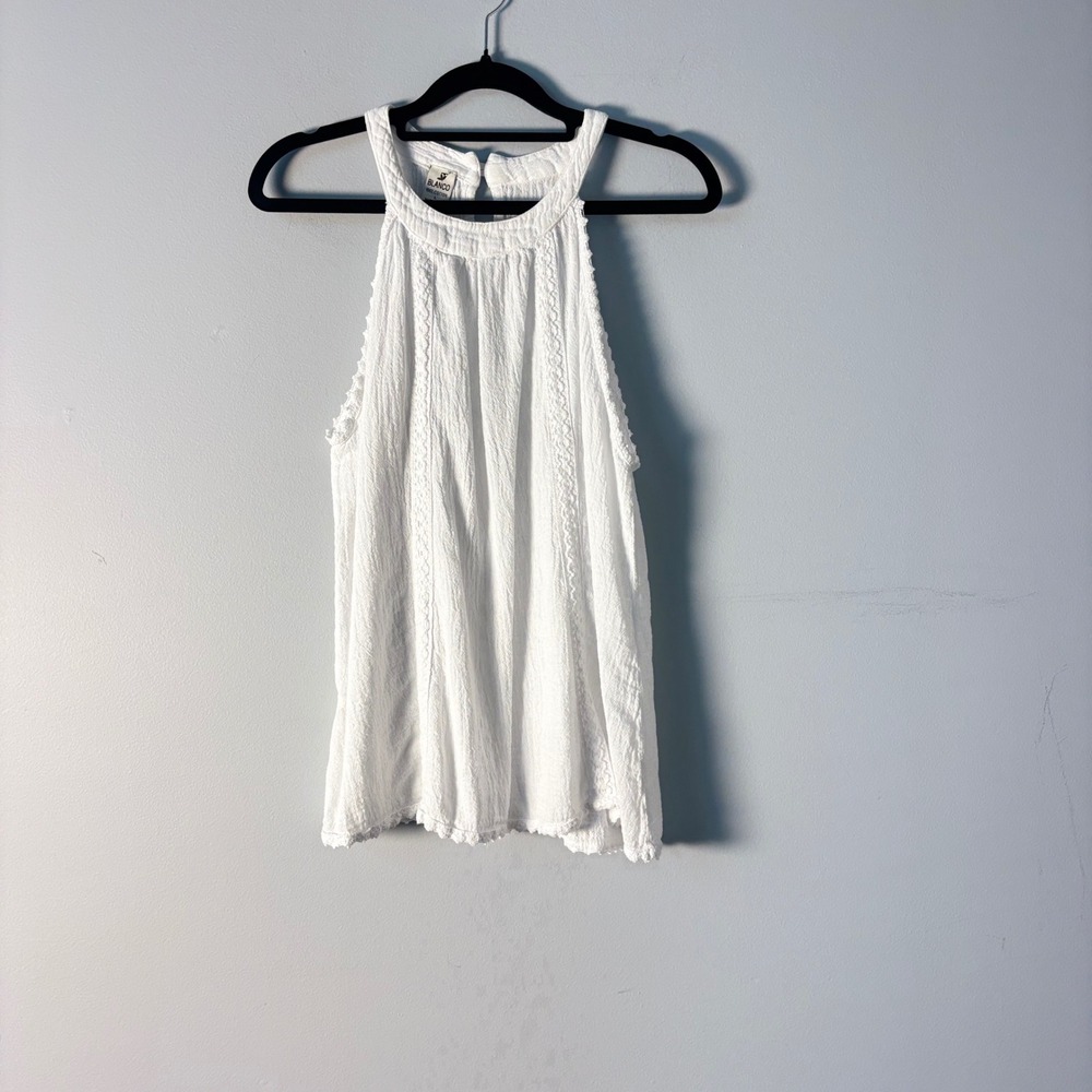 Blanco White Cotton Halter Top Crochet Lace Trim Boho Gauze Blouse Large